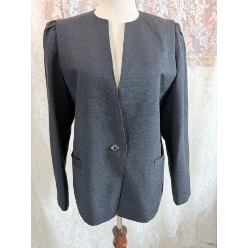 Vintage Textured Collarless Blazer Silk Blend Puff Shoulder Single Button Black